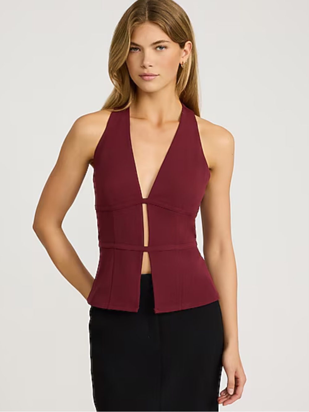 EXPRESS | Studio Stretch Crepe Halter V-Neck Sleeveless Banded Cutout Tank